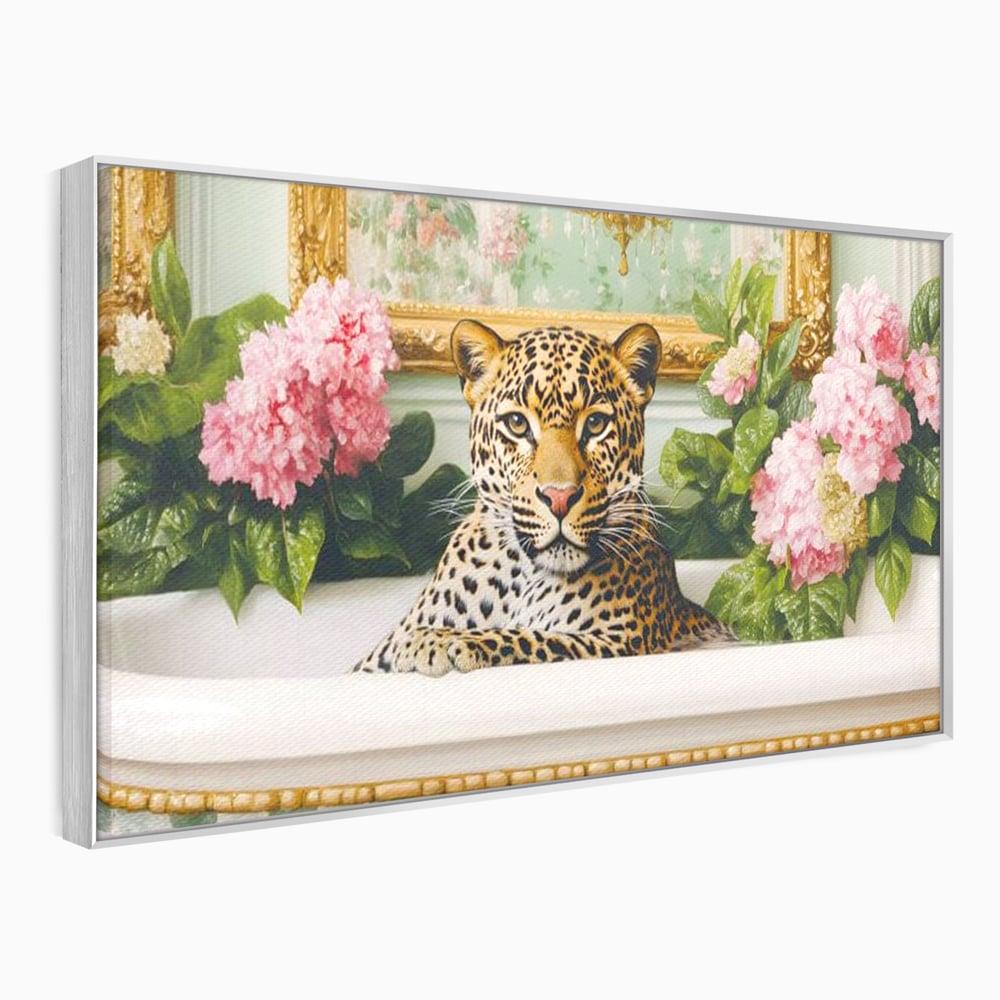 Tablou canvas cu tablou canvas cu leopard in cada, in rama de aluminiu argintiu